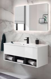 Badmbel Set Glide in wei Hochglanz und grau mit Waschbecken und LED Beleuchtung 100 x 190 cm