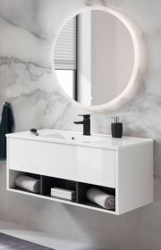 Badmbel Set Glide in wei Hochglanz und grau mit Waschbecken und LED Beleuchtung 100 x 190 cm