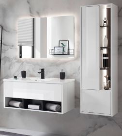 Badmbel Set Glide in wei Hochglanz und grau mit Waschbecken und LED Beleuchtung 155 x 190 cm