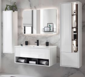 Badmbel Set Glide in wei Hochglanz und grau mit Waschbecken und LED Beleuchtung 195 x 190 cm