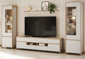 Wohnwand Finnes in wei und Eiche Wohnkombination skandinavisch 4-teilig 339 cm, Soft-Close