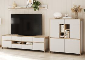 Wohnwand Finnes in wei und Eiche Wohnkombination skandinavisch 3-teilig 319 cm, Soft-Close