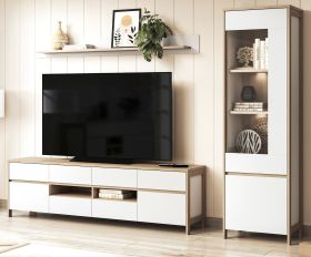 Wohnwand Finnes in wei und Eiche Wohnkombination skandinavisch 3-teilig 266 cm, Soft-Close