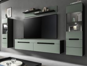 Wohnwand Cooper Salbei Grün und Basalt Grau 4-teilig hängend / stehend 272 cm, Soft-Close Wohnwand Cooper Salbei Grün und Basalt Grau 4-teilig hängend / stehend 272 cm, Soft-Close