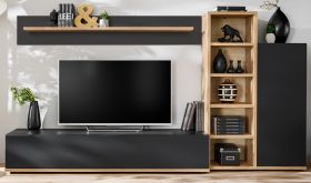 Wohnwand Lester in schwarz und Ribbeck Eiche Schrankwand 240 cm, Push-to-Open