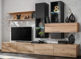 Wohnwand Statement in Evoke Eiche und schwarz Schrankwand 280 x 180 cm, inkl. LED, Push-to-Open