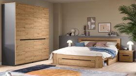 Schlafzimmer Set 4-teilig Cooper in Artisan Eiche und grau mit Kleiderschrank, Bett und 2x Nachttisch, Soft-Close