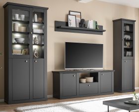 Wohnwand Filmore in Schwarz matt und Eiche Landhaus 319 x 200 cm, Soft-Close