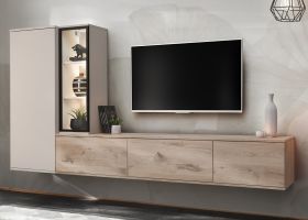 Wohnwand Fancy in Viking Eiche und Kaschmir Schrankwand h�ngend 240 cm inkl. LED, Push-to-Open