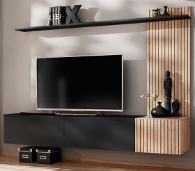 Wohnwand Madina in schwarz matt und Hickory Eiche Schrankwand h�ngend 180 cm, Push-to-Open