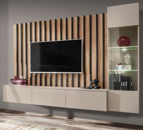 Wohnwand Pearl in Kaschmir und Artisan Eiche Schrankwand 220 cm inklusive LED Beleuchtung, Push-to-Open