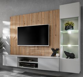 Wohnwand iLike in hellgrau und Artisan Eiche Schrankwand 200 cm inklusive LED Beleuchtung, Push-to-Open