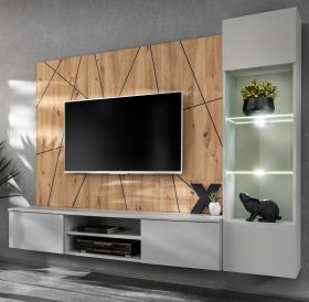 Wohnwand iLike in hellgrau und Artisan Eiche Schrankwand 200 cm inklusive LED Beleuchtung, Push-to-Open