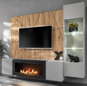 Wohnwand iLike in hellgrau, schwarz und Artisan Eiche TV Unterteil mit Bio Ethanol Kamin 200 cm inklusive LED