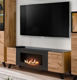 TV-Lowboard Bonfire in Wotan Eiche und schwarz TV Unterteil mit Ethanol Kamin 150 cm