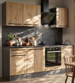 K�chenzeile Smart in Artisan Eiche und Grau, K�chenschrank Set 7-teilig 220 x 210 cm