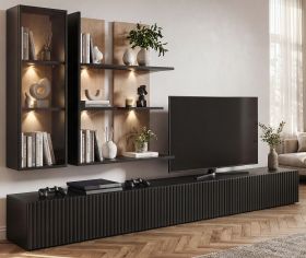 Wohnwand Secret in schwarz und Vicking Eiche Anbauwand inkl. LED 6-teilig 300 x 160 cm, Push-to-Open-Funktion