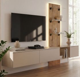 Wohnwand Sweet in Lehm-Grau und Evoke Eiche Schrankwand h�ngend mit LED 220 cm, Push-to-Open