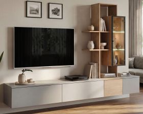 Wohnwand Leonie in Arktis-Grau und Cremona Eiche Schrankwand h�ngend 240 cm, LED und Push-to-Open
