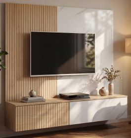 TV-Lowboard Set Arion in Cremona Eiche und Marmor wei� 160 cm, Flat-TV Unterschrank mit Wandpaneel h�ngend