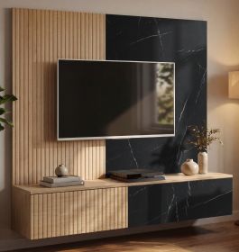 TV-Lowboard Set Arion in Cremona Eiche und Marmor schwarz 160 cm, Flat-TV Unterschrank mit Wandpaneel h�ngend