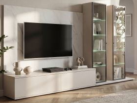 Wohnwand Charm in Kaschmir und Marmor wei�, Anbauwand 300 cm mit Beleuchtung, Push-To-Open