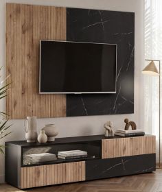 TV-Lowboard Set Starlet in schwarz, Vicking Eiche und Marmor schwarz 160 cm, Flat-TV Unterschrank mit Wandpaneel, Push-To-Open
