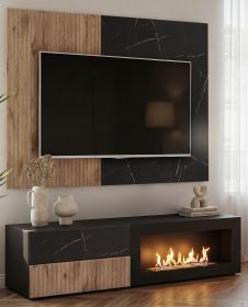 TV-Lowboard Set Starlet in schwarz, Vicking Eiche und Marmor schwarz 160 cm, Flat-TV Unterschrank mit Ethanol Kamin