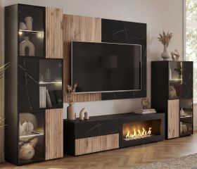 Wohnwand Starlet in schwarz, Vicking Eiche und Marmor schwarz Schrankwand 300 cm inkl. Ethanol Kamin, LED