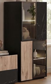 Vitrine Starlet in schwarz, Vicking Eiche und Marmor schwarz Vitrinenschrank inkl. LED 60 x 122 cm, Push-To-Open