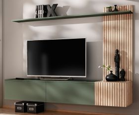 Wohnwand Madina in gr�n matt und Hickory Eiche Schrankwand h�ngend 180 cm, Push-to-Open