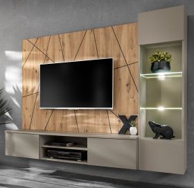 Wohnwand iLike in Lehm-Grau und Eiche Artisan mit Beleuchtung, Push-To-Open und Soft-Close, 200 cm