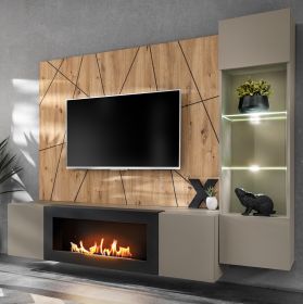 Wohnwand iLike in Lehm-Grau, schwarz und Artisan Eiche, TV Unterteil mit Ethanol Kamin inkl. LED, 200 cm