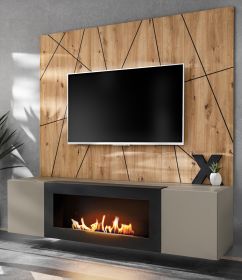TV-Lowboard Set iLike Lehm-Grau, schwarz und Artisan Eiche TV Unterteil mit Ethanol Kamin und Akustikpaneel, 160 cm