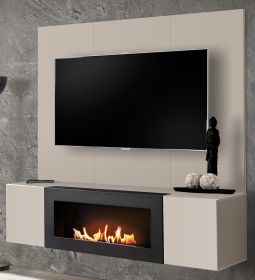 TV-Lowboard Set Option in Kaschmir, Flat-TV Unterschrank h�ngend mit Ethanol Kamin und Akustikpaneel,160 cm
