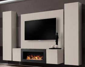 Wohnwand Option in Kaschmir Schrankwand 4-teilig h�ngend mit Ethanol Kamin, 260 x 170 cm