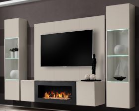 Wohnwand Option in Kaschmir Schrankwand 4-teilig h�ngend mit Ethanol Kamin und LED, 260 x 170 cm