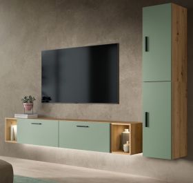 Wohnwand Onawa in Gr�n und Artisan Eiche Wohnkombination h�ngend / stehend 249 x 184 cm