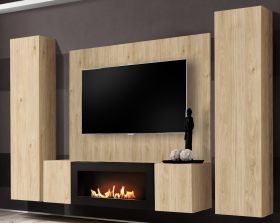 Wohnwand Option in Jackson Eiche Schrankwand 4-teilig h�ngend mit Ethanol Kamin, 260 x 170 cm