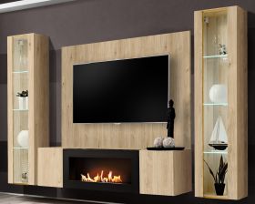 Wohnwand Option in Jackson Eiche Schrankwand 4-teilig h�ngend mit Ethanol Kamin und LED, 260 x 170 cm