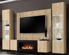 Wohnwand Option in Jackson Eiche Schrankwand 4-teilig h�ngend mit Ethanol Kamin und LED, 260 x 170 cm