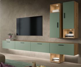 Wohnwand Onawa in Gr�n und Artisan Eiche Wohnkombination h�ngend / stehend 300 x 178 cm