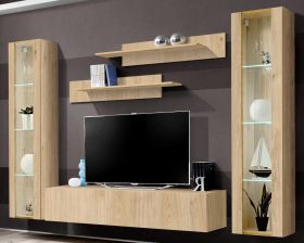 Wohnwand Option in Jackson Eiche Schrankwand 5-teilig h�ngend mit LED und Push-To-Open, 260 x 170 cm