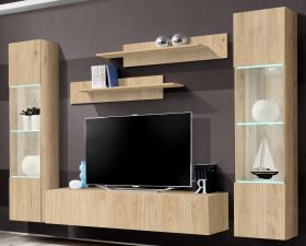 Wohnwand Option in Jackson Eiche Schrankwand 5-teilig h�ngend inkl. LED und Push-To-Open, 260 x 170 cm