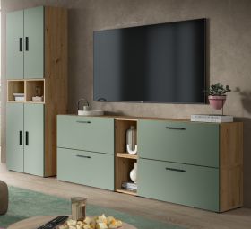 Wohnwand Onawa in Gr�n und Artisan Eiche Wohnkombination 256 x 178 cm, Soft-Close