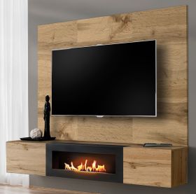 TV-Lowboard Set Public in Wotan Eiche, Flat-TV Unterschrank h�ngend mit Ethanol Kamin und Akustikpaneel, 180 cm
