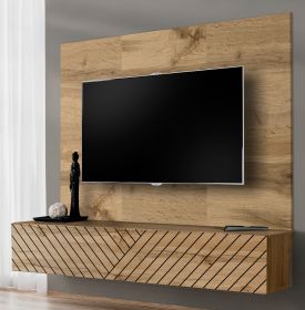 TV-Lowboard Set Public in Wotan Eiche und schwarz, Flat-TV Unterschrank h�ngend mit Akustikpaneel, 180 x 148 cm