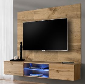 TV-Lowboard Set Public in Wotan Eiche, Flat-TV Unterschrank h�ngend mit LED und Akustikpaneel, 180 cm