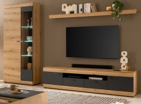 Wohnwand Assina in Evoke Eiche und grau matt Wohnkombination 300 x 201 cm, Soft-Close