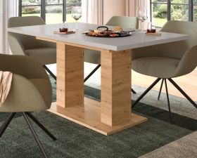 Esstisch Home-X in kaschmir und Artisan Eiche S�ulentisch ausziehbar 150 - 190 cm